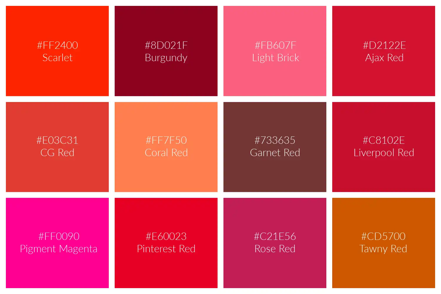 134 Shades of Red: Names, Hex, RGB, CMYK Codes
