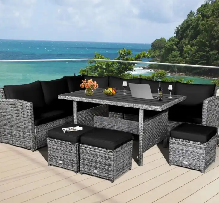 7 Piece Rattan Patio Sectional Corner Sofa Set Conversation Set with Black Cushions