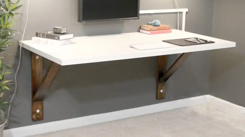A Brown and White Wood Wall-Mounted Desk