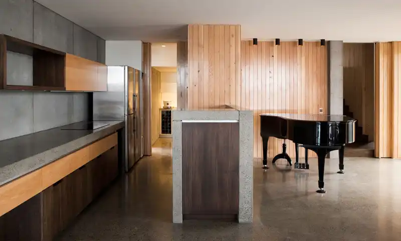 A Home Overhanging The Harbor In Hobart with polished concrete floor