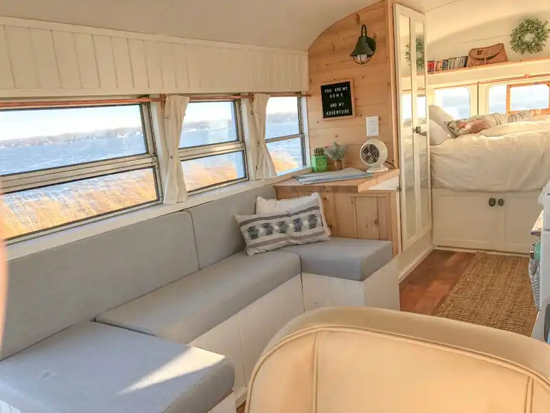 A Minnesota couple converted a 1992 school bus into an RV couch