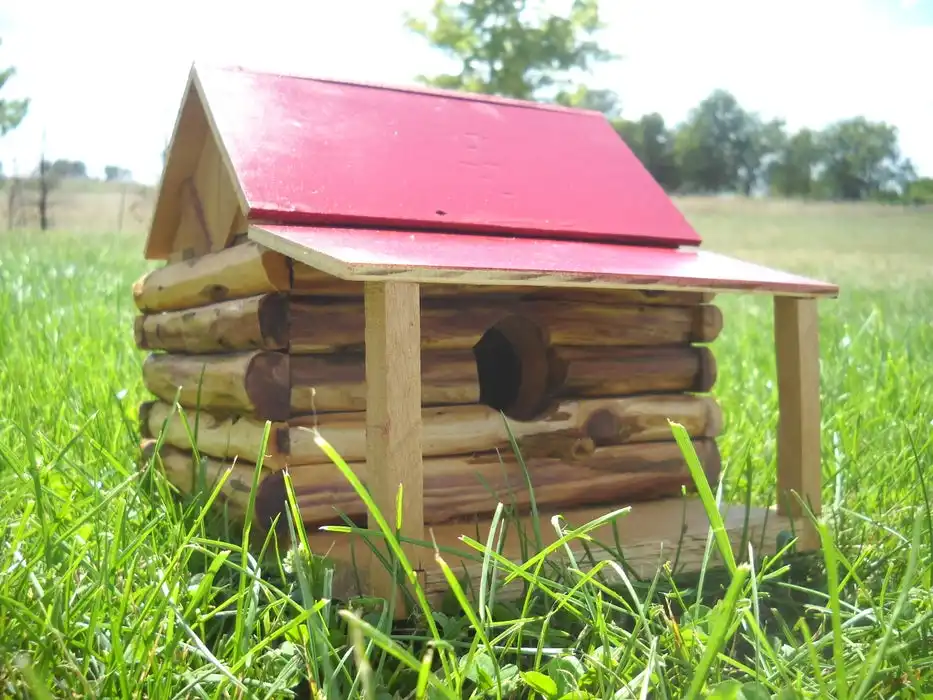 A bird cabin with a covered deck