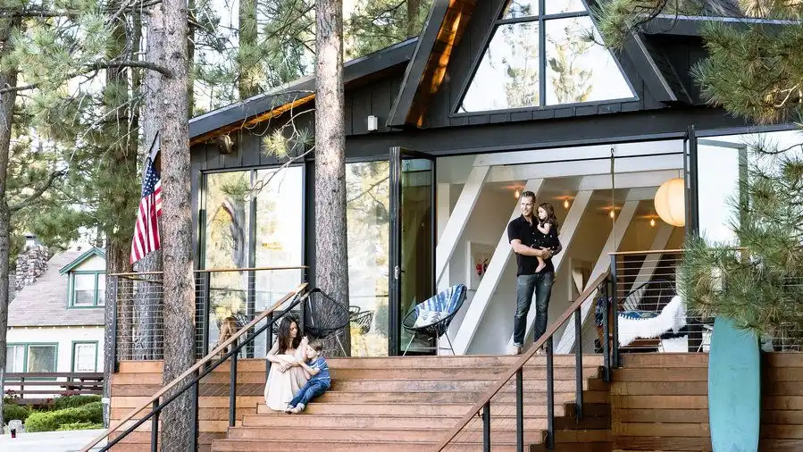 A frame cabin porch doors