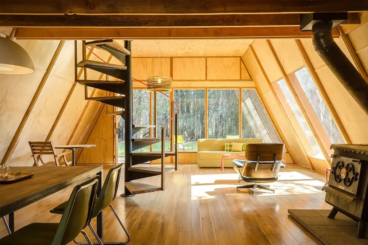 A frame cabin spiral staircase design