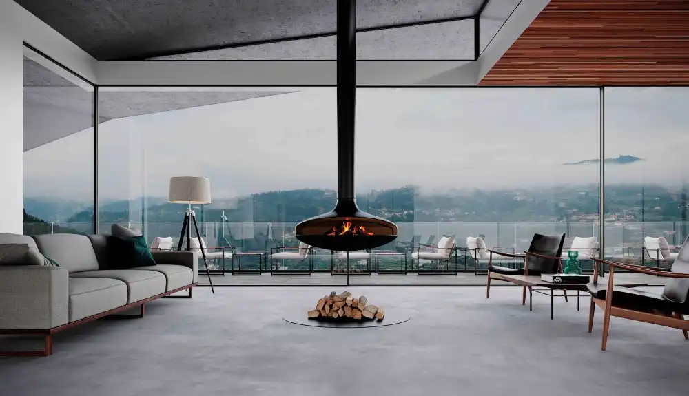 A perfect hanging fireplace focal point