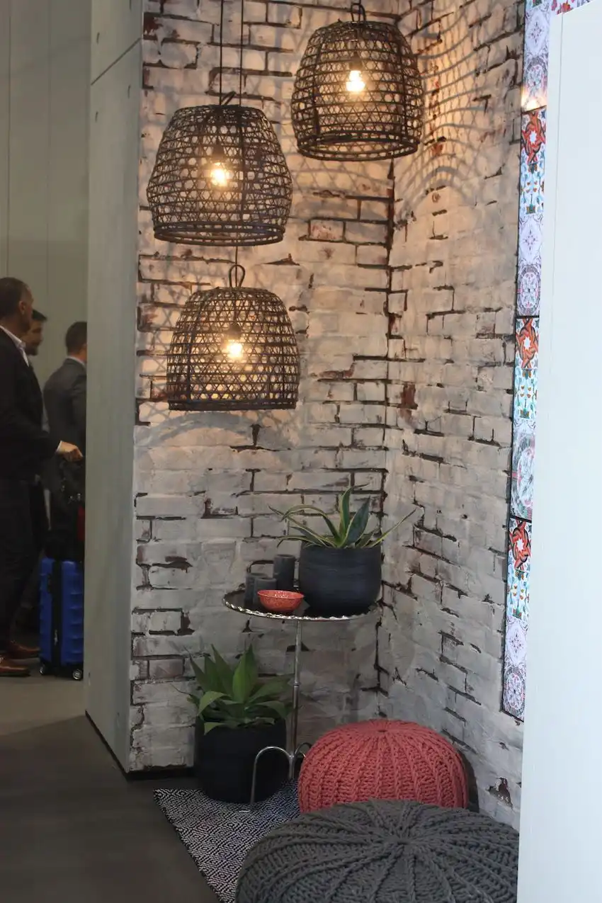 Alno displayed these basket-like cage pendant lights in a corner, which could be perfect for a kitchen nook.