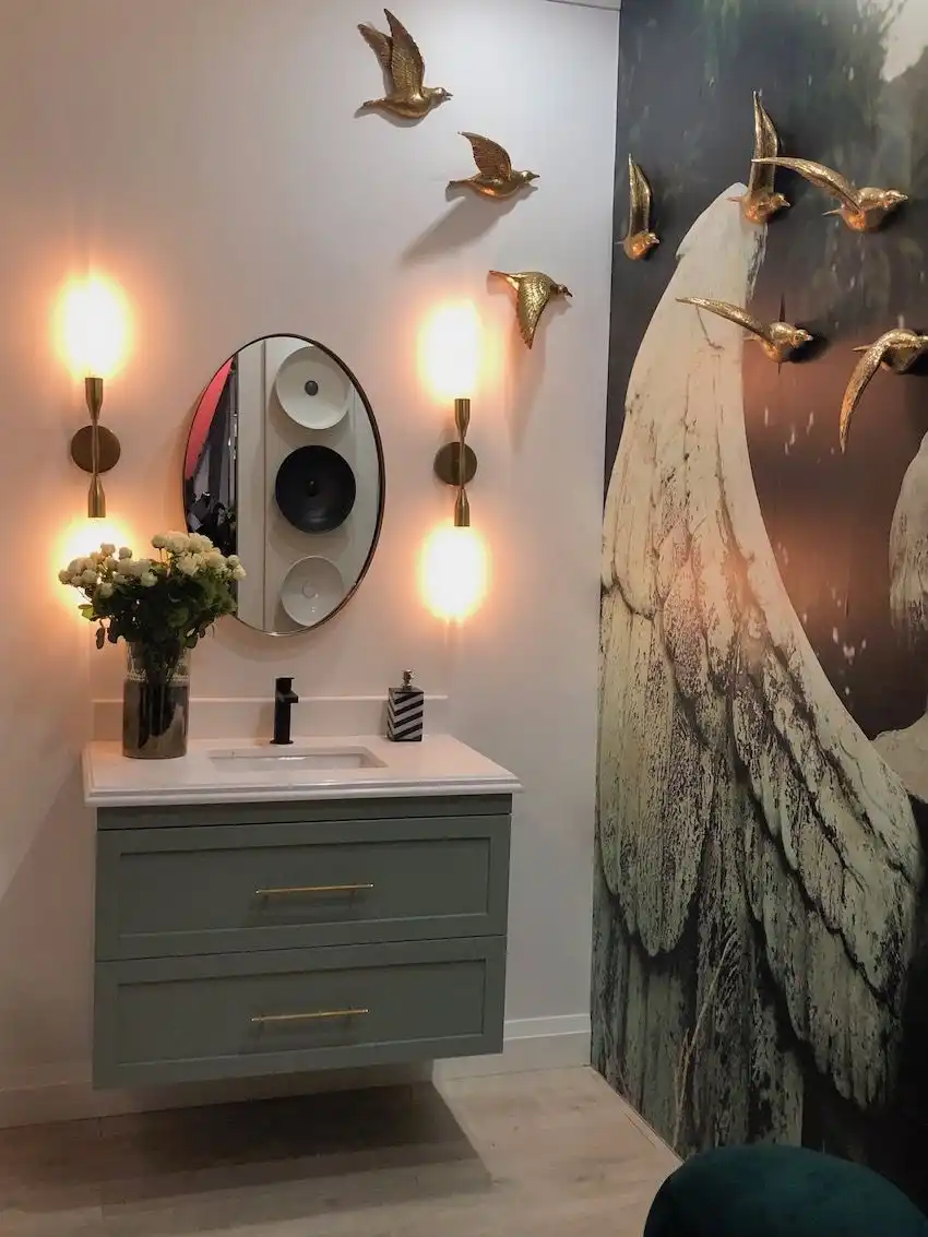 A quirky wall mural is a big statement in the bathroom.
