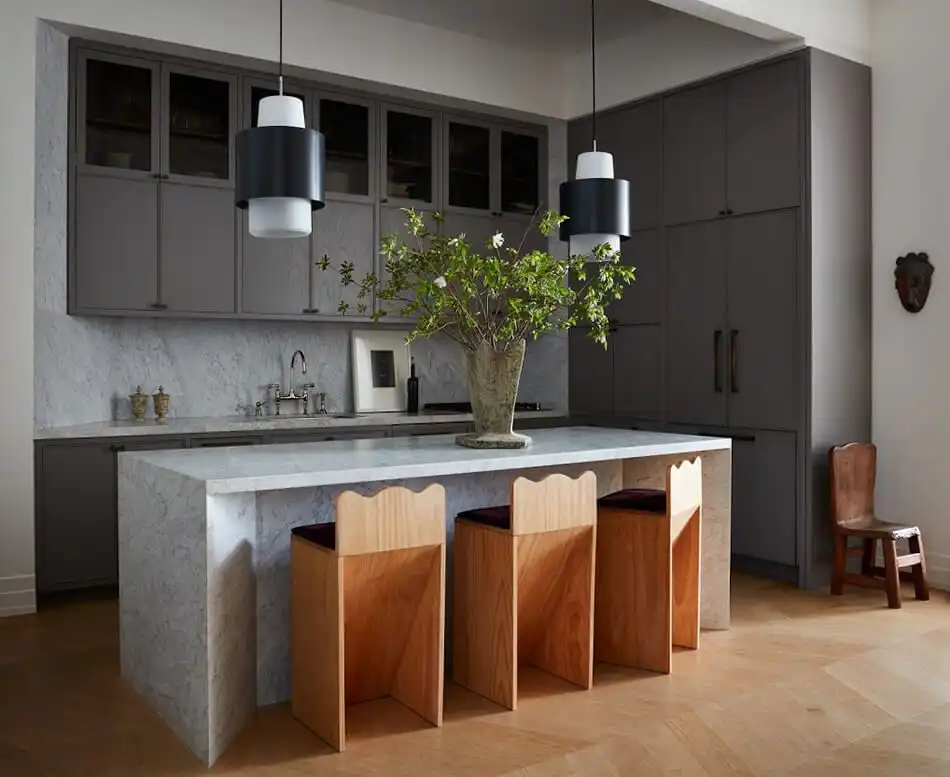 Amazing kitchen design with grey cabinets and marble