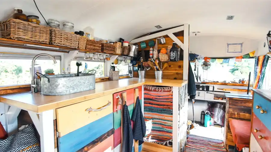 Awesome School Bus Conversion Into Tiny House on Wheels Kitchen