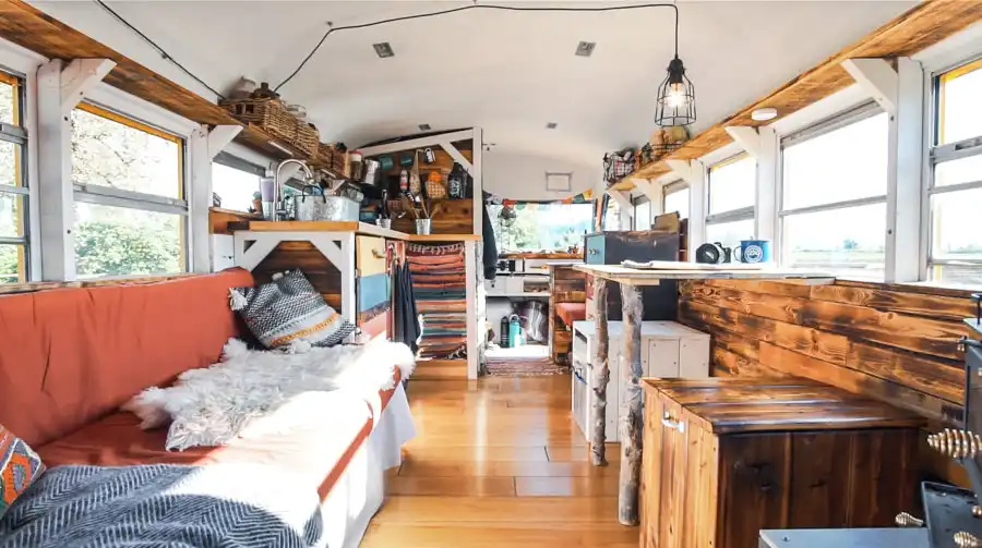 Awesome School Bus Conversion Into Tiny House on Wheels living room