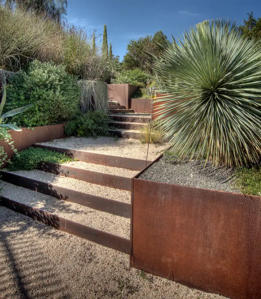 Backyard garden corten stairs and planters