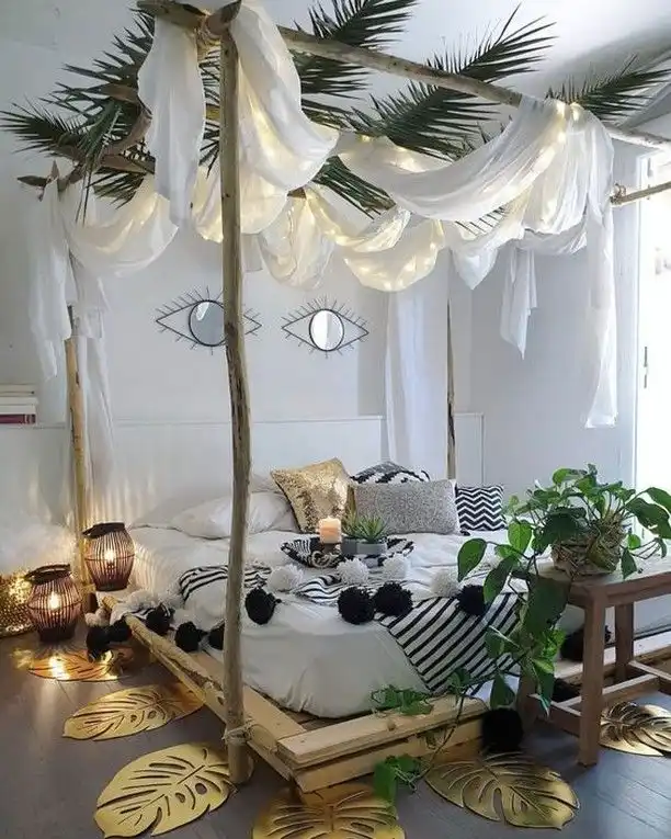 wood whimsical, plant, floor canopy bed