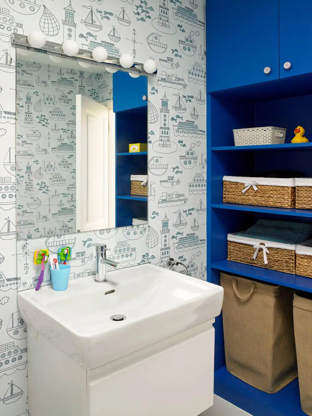 Bathroom decorated with kids in mind