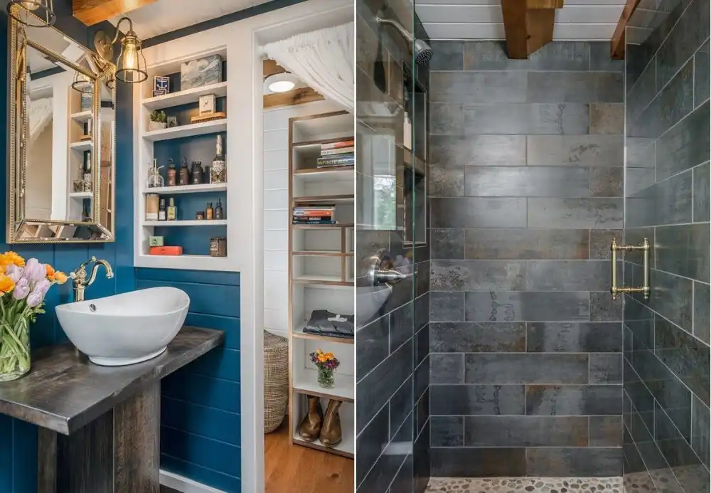 Tiny house bathroom with multiple storage options.