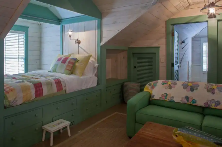 Wood and mint green color for window bed