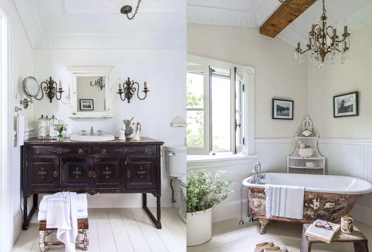 Beadboard bathroom with vintage furniture and tub