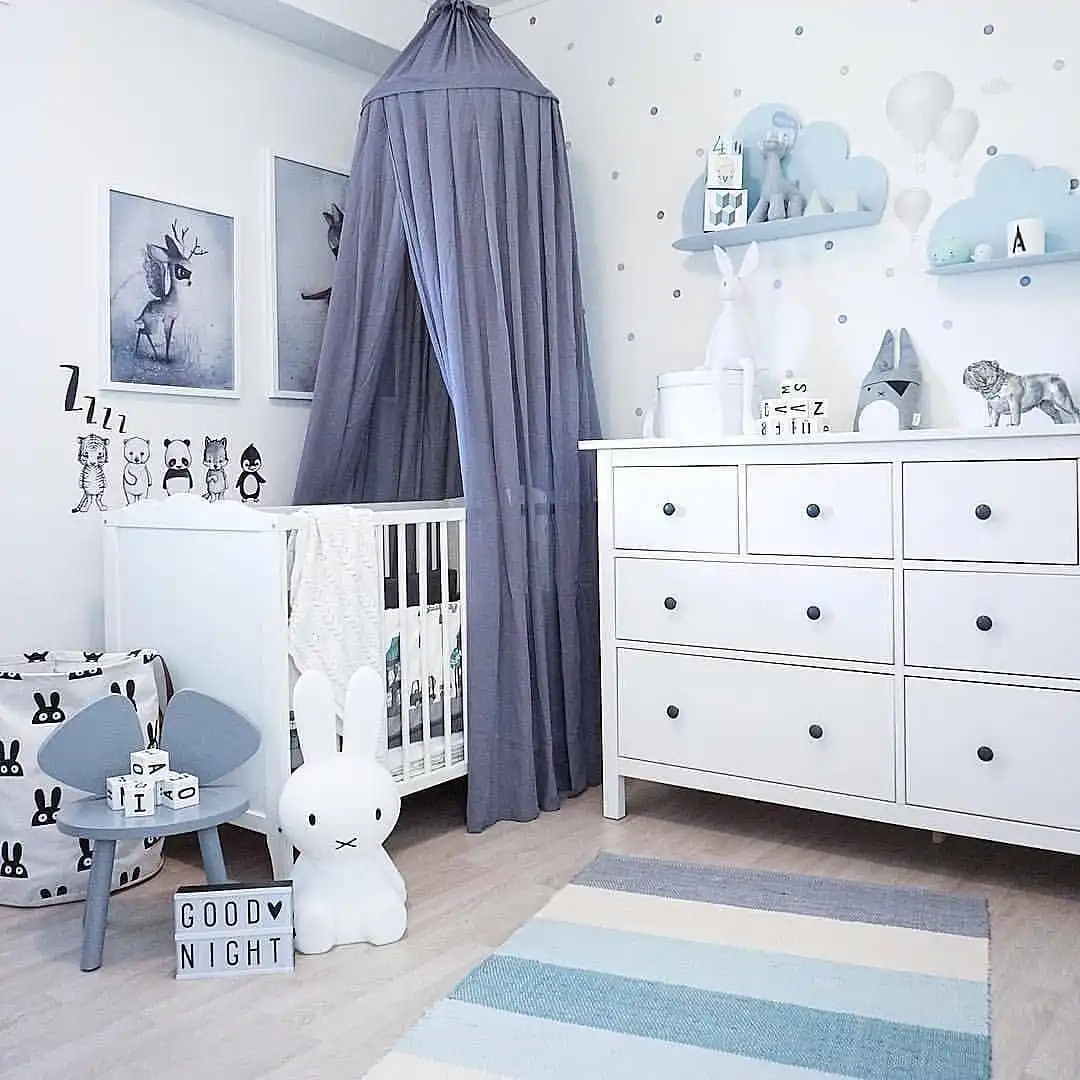 Beautiful blue nursery room decor with clouds