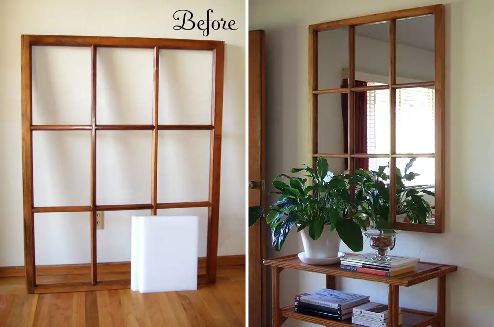 Before and after Window Frame Turned into a mirrored entryway decor