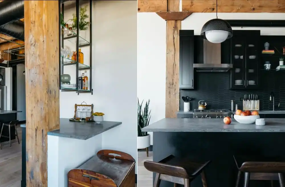 Before and after kitchen with black table and marble countertop