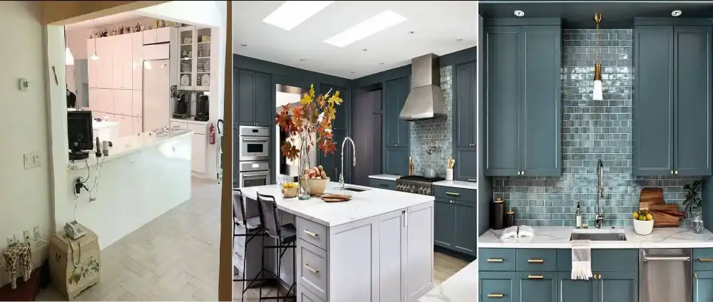 Before and after kitchen with navy blue cabinets