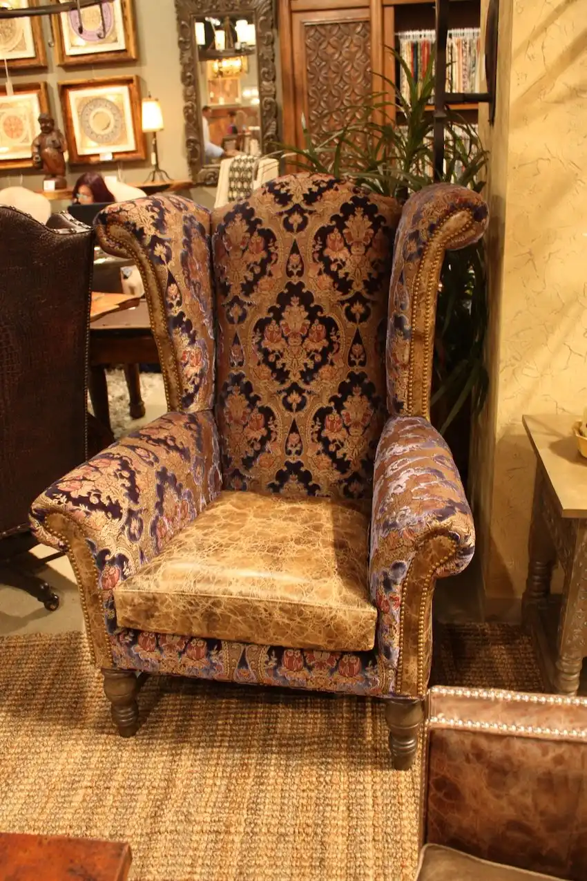Bella Rustica's mixed upholstery wing chair is a classic shape.