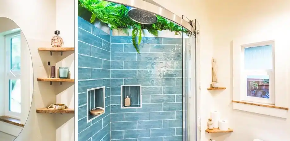 Big round window tiny house bathroom