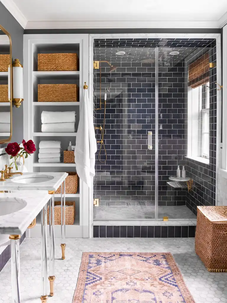 Black Subway Tile in Transitional Bathroom