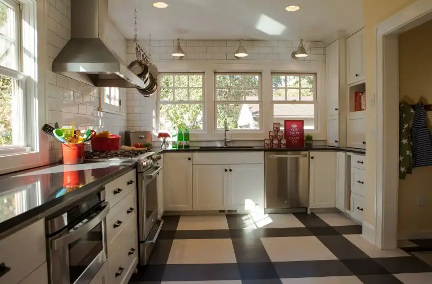 Black and white linoleum kitchen floor
