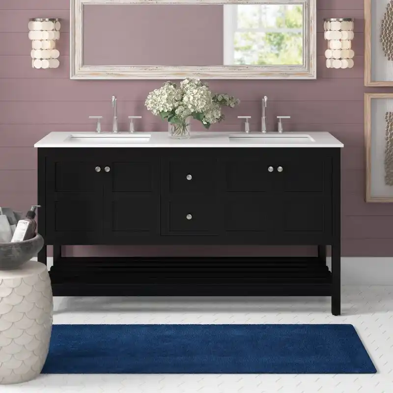 Black double sink vanity with quartz top