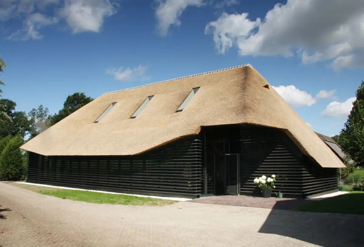 Black house with House with thatched roof