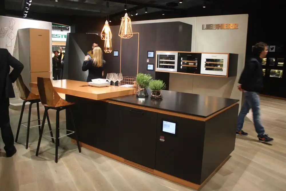 Black kitchen cabinets with gold trims