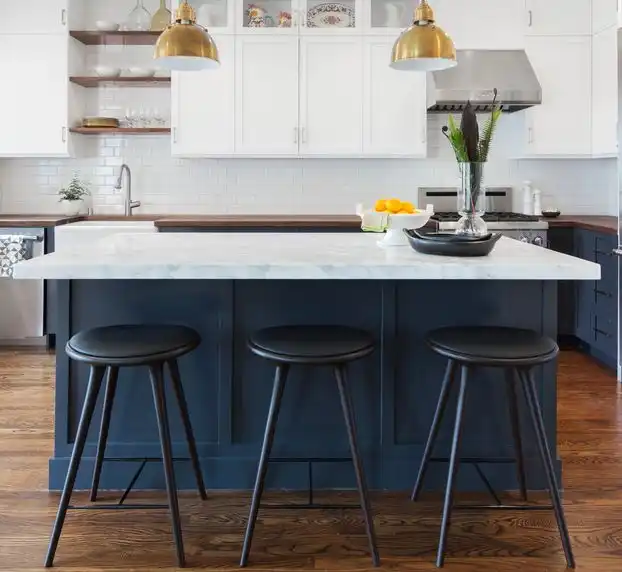 Blue cobalt kitchen island with black chairs