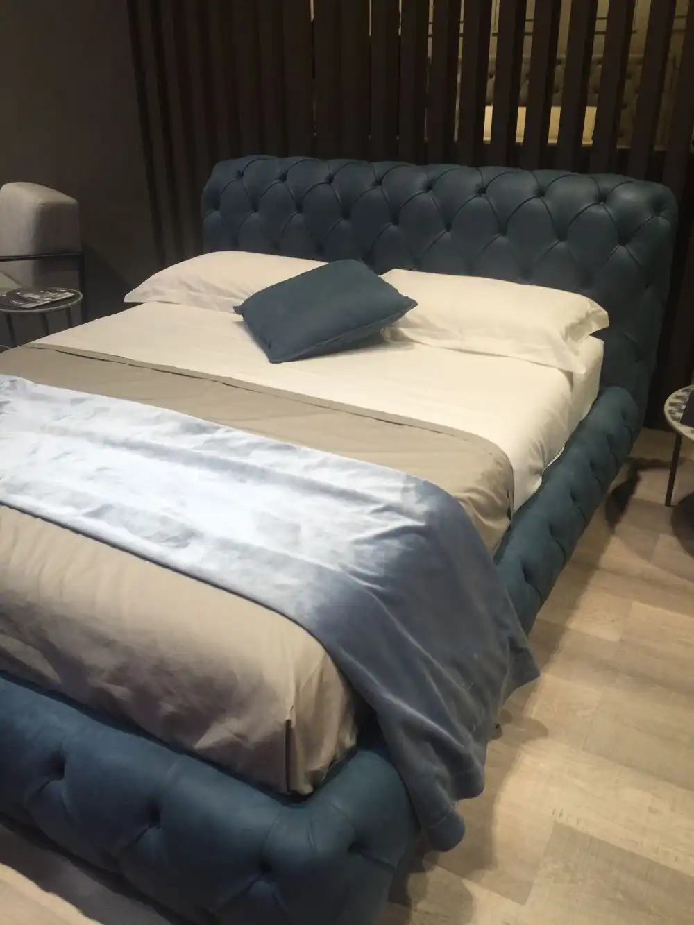 Blue leather tufted style bedroom