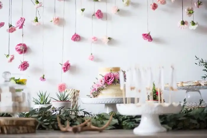 A stylish backdrop wall decorated with hanging flowers