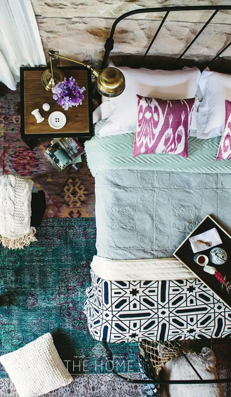 Boho bedroom mixed patterns