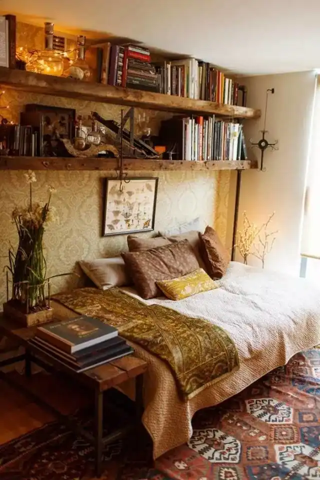 Boho bedroom open shelving
