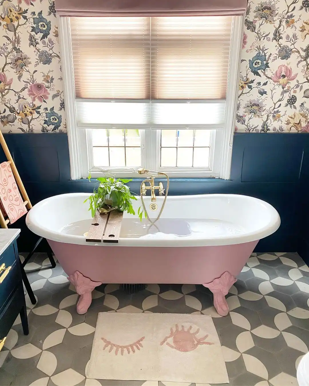 Boho style bathroom decor pink tub clawfoot