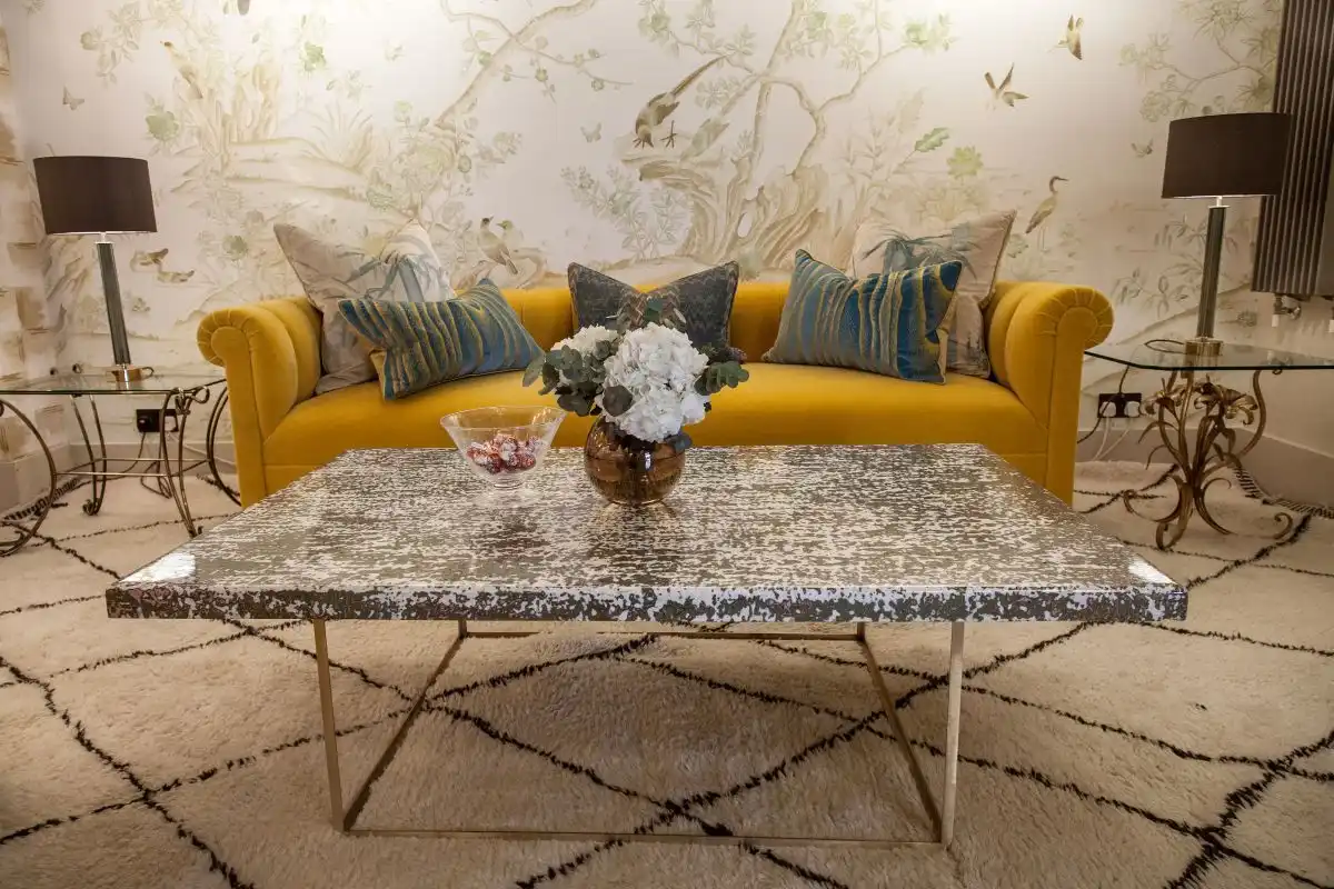 Bold yellow sofa on the living