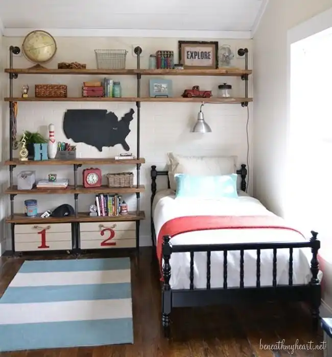 Boys room industrial shelves
