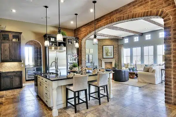 Brick archway with wood beams