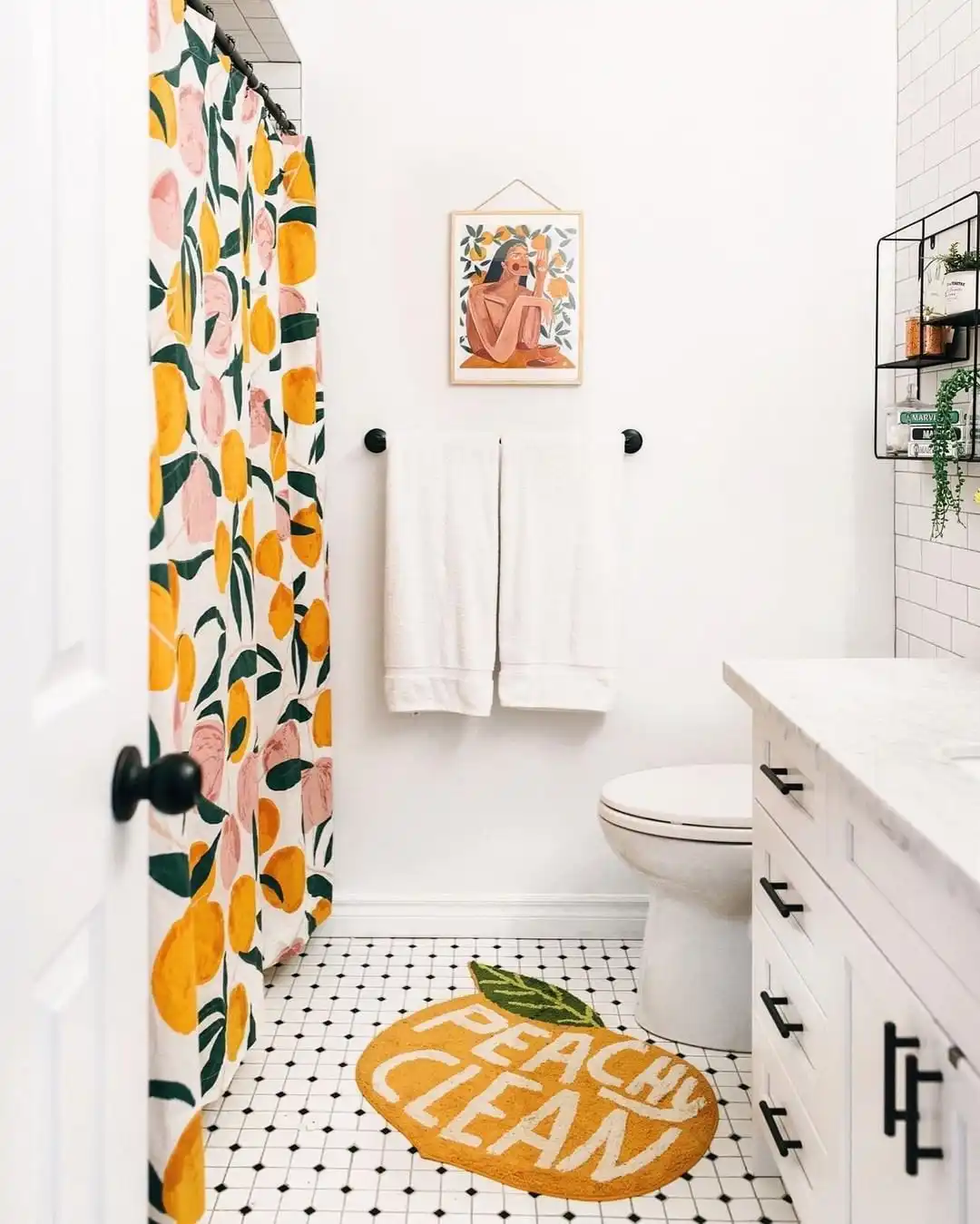 Bring color to a small bathroom with curtains