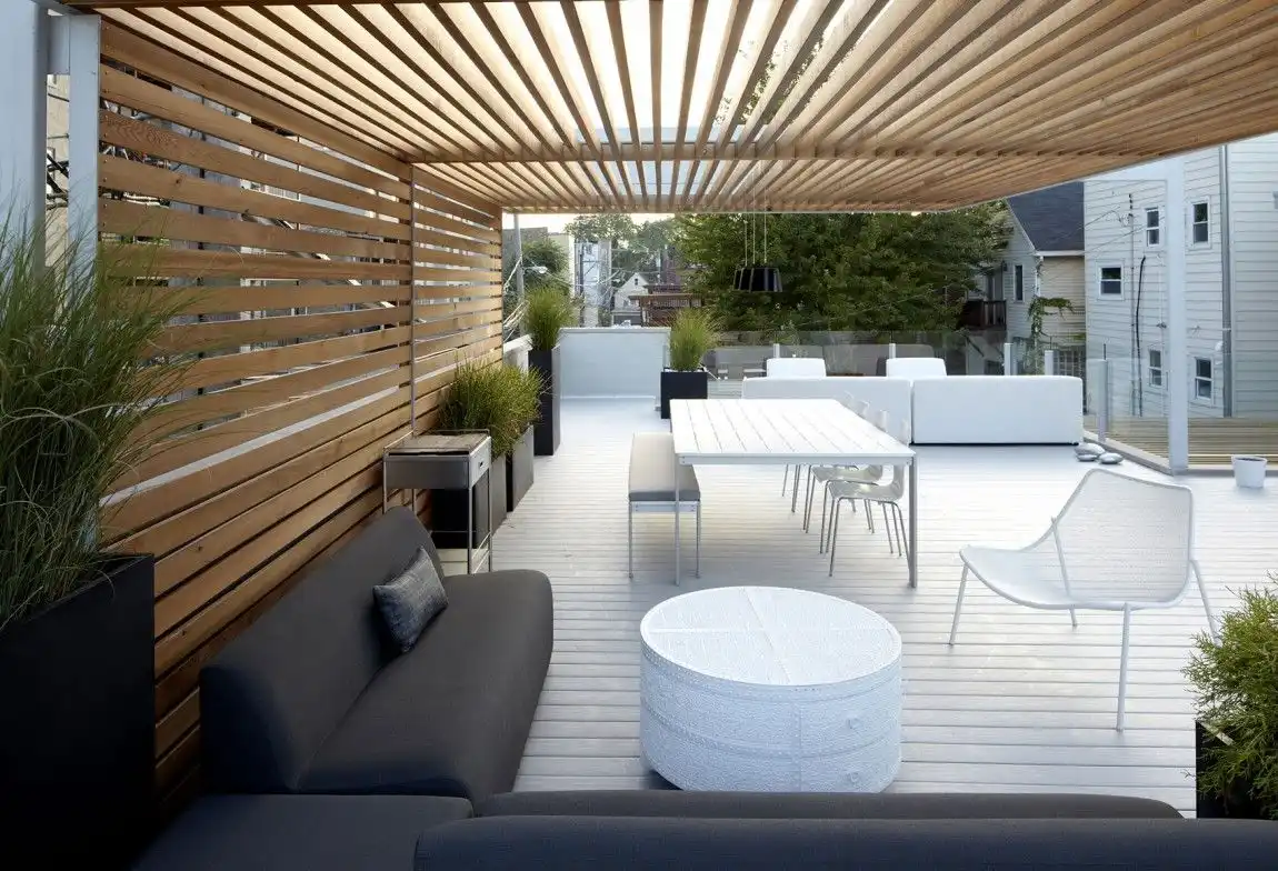 Bucktown Three by Studio Dwell Architects Pergola with White Deck and Modern Furniture