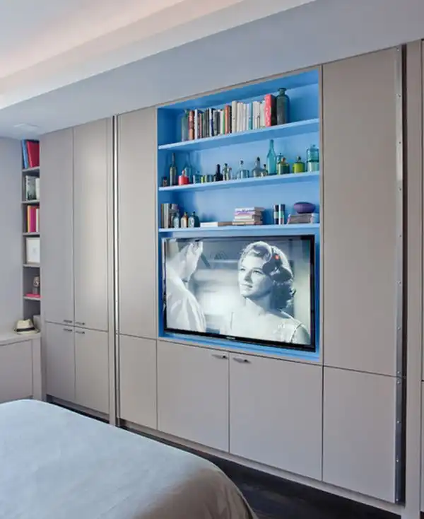 Built-in TV and shelves.