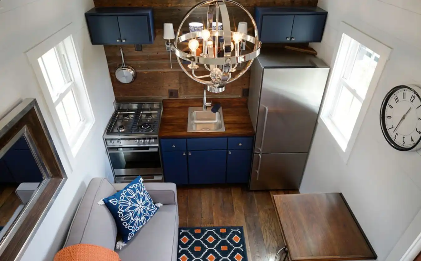 Dark wood kitchen with blue accents