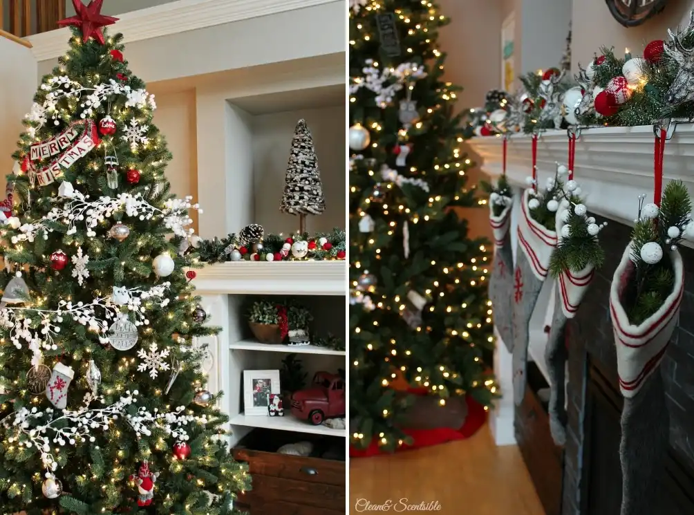 Christmas Tree with White Garland and mantel fireplace decor