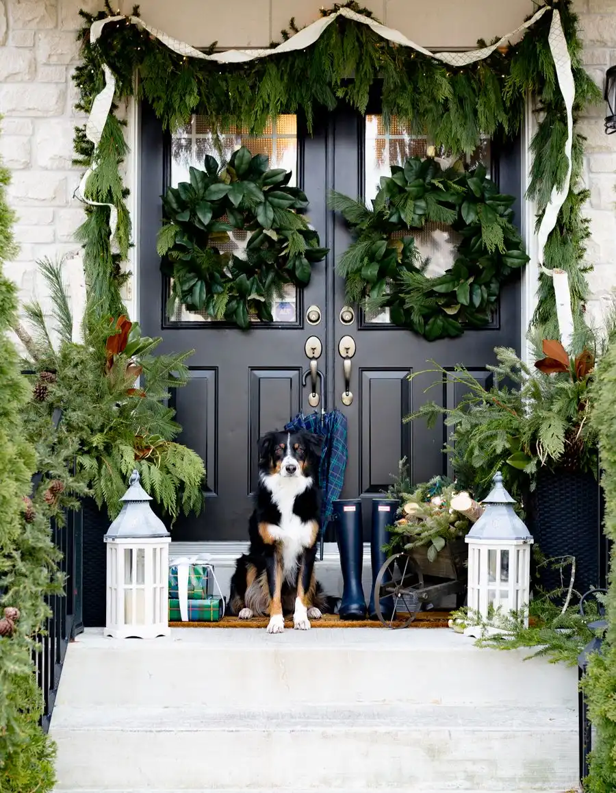 Christmas front porch decor greenery