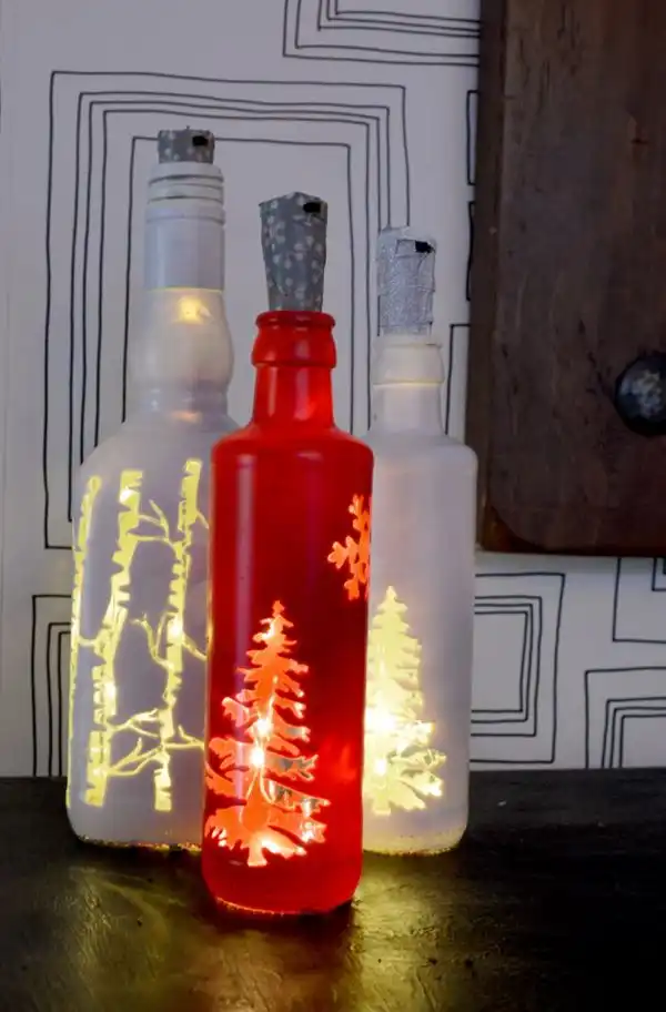 Christmas lights from empty wine bottles