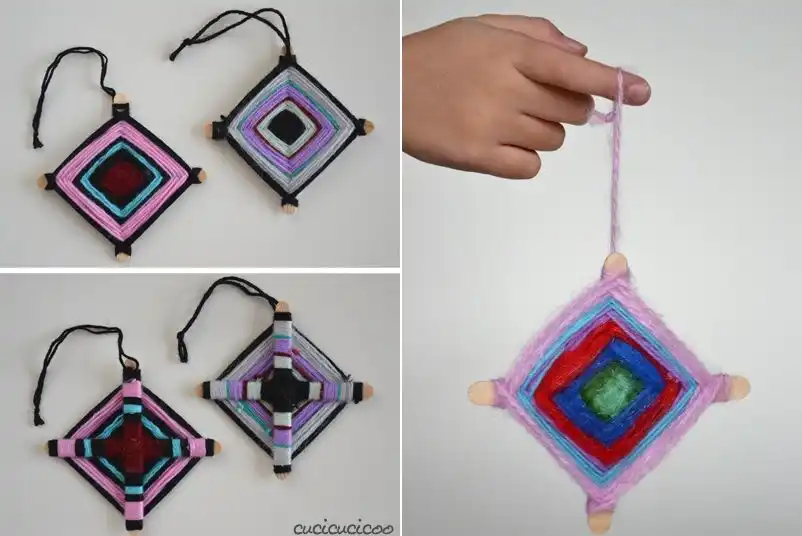 Christmas tree ornaments from sticks and yarn
