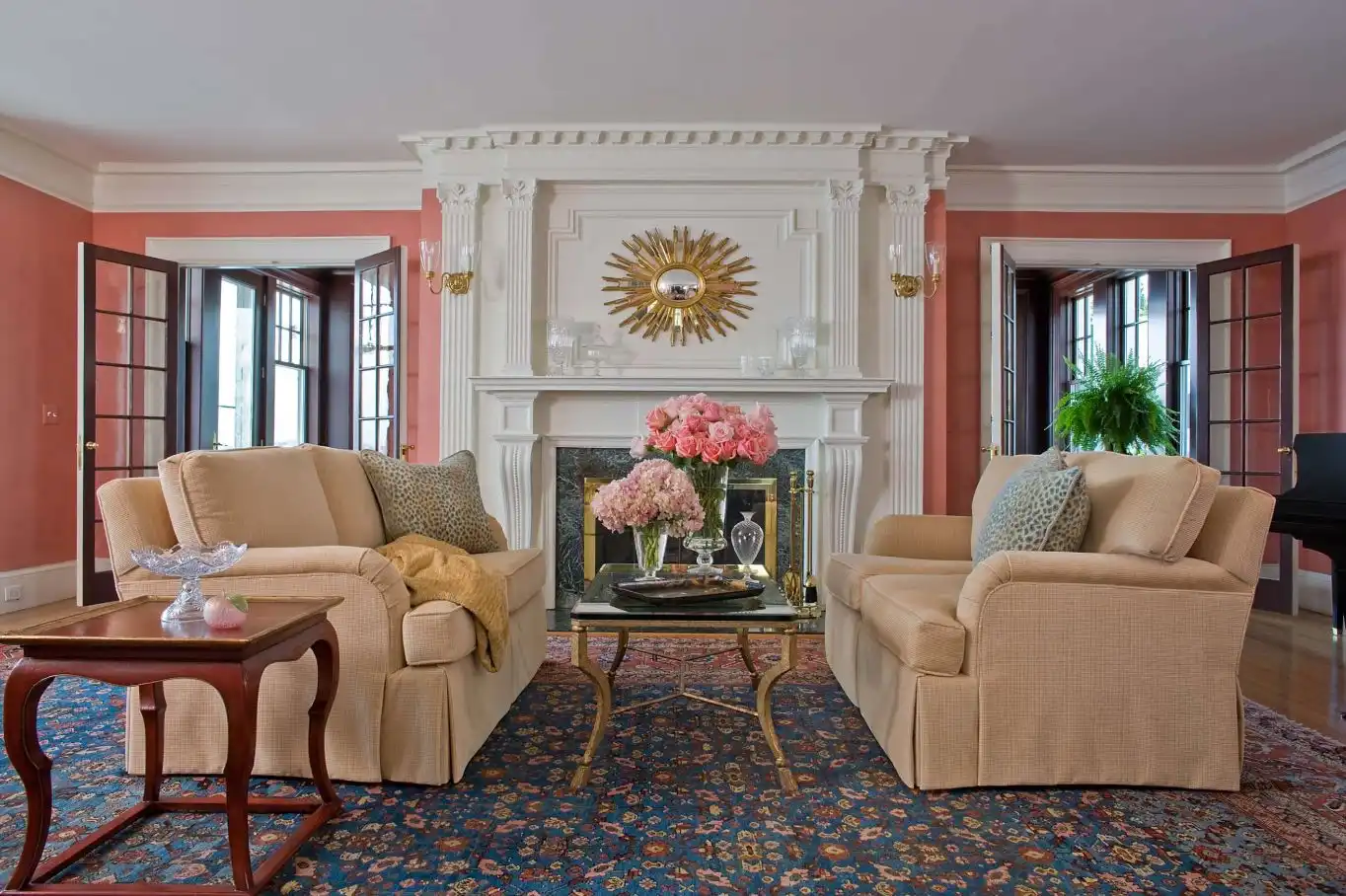 Coastal home with large living room and coral painted walls