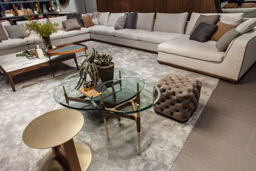 Collection of coffee tables with glass top and walnut